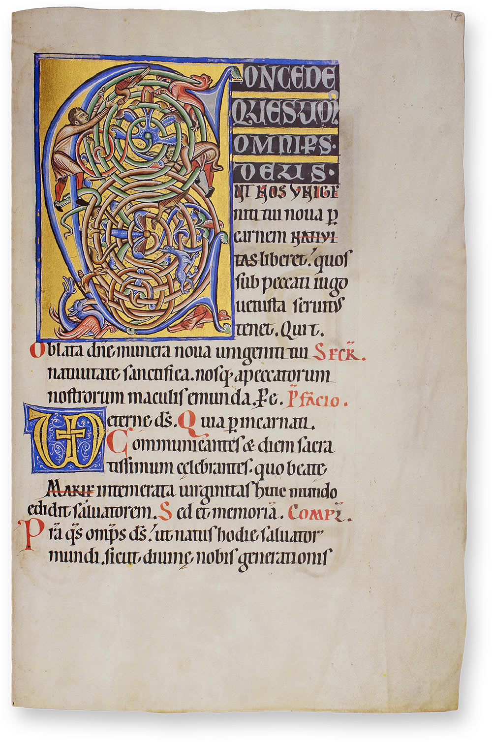 Berthold-Sakramentar Blaue Rankenkletterer-Initiale "C" mit zwei menschlichen Figuren und verschiedenen (Fabel-) Tieren. (Berthold-Sakramentar, Kloster von Weingarten (Deutschland) — Zwischen 1200 und 1232)
