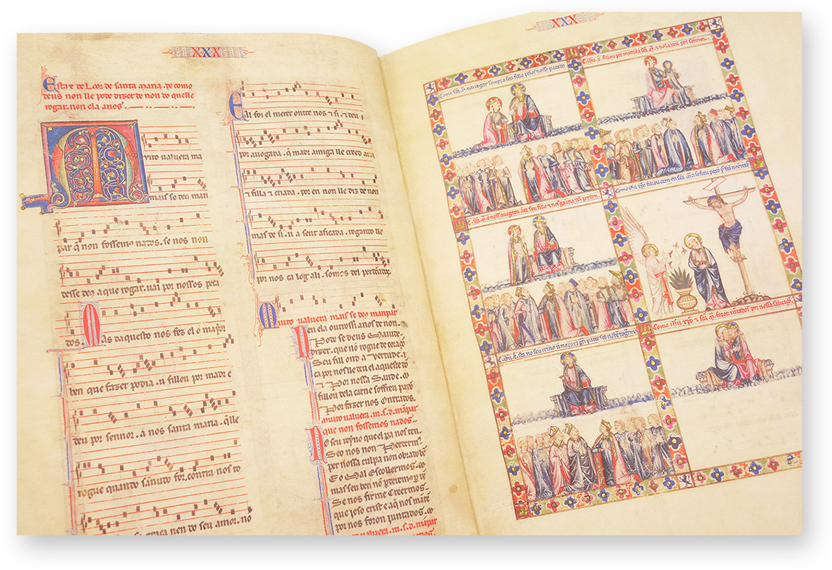 Cantigas de Santa Maria - Codex Rico M-Initiale, deren seitliche Parts aus zwei Drachenkörpern gebildet werden, die zu ein und demselben Kopf gehören. (Cantigas de Santa Maria - Codex Rico, Spanien — 13. Jahrhundert)