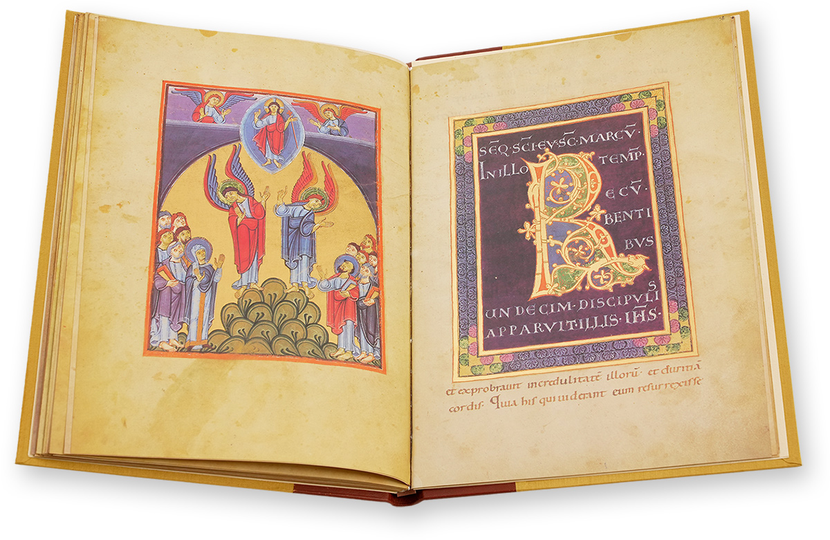 Festtagsevangelistar mit Kanontafeln Goldene Spaltleisteninitiale "R" mit zoomorphem Ablaufmotiv, das Wort "RE" einleitend. (Festtagsevangelistar mit Kanontafeln, Kloster Reichenau (Deutschland) — Zweites Viertel des 11. Jahrhunderts)