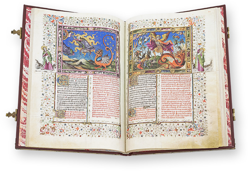 Apokalypse der Herzöge von Savoyen Die Seiten dieses opulent ausgestatteten Werks der französischen Renaissance-Buchmalerei sind so dicht beschrieben und illuminiert, dass kaum noch Pergament zu sehen ist. (Apokalypse der Herzöge von Savoyen, Savoyen (Frankreich) — Zwischen 1428 und 1490)