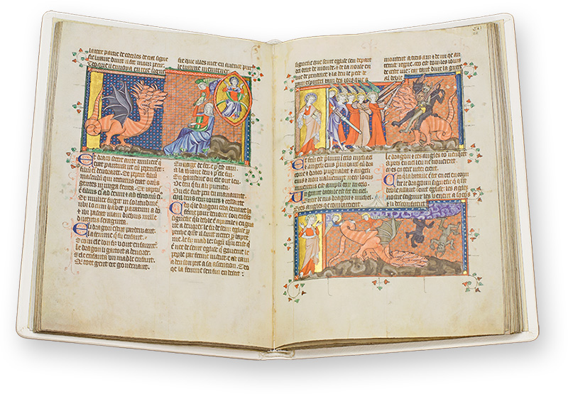 Corpus-Christi-Apokalypse In Kapitel 12 der Offenbarung bringt die apokalyptische Frau einen Sohn zur Welt, der von einem Drachen, der für Satan steht, bedroht wird und so den Krieg im Himmel auslöst, bei dem Satan und seine gefallenen Engel besiegt und aus dem Himmel vertrieben werden. (Corpus-Christi-Apokalypse, London (Vereinigtes Königreich) — 1340–1350)